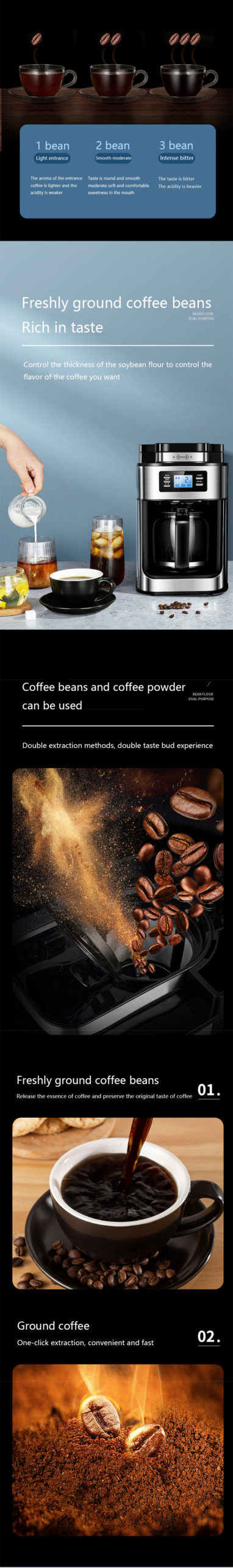 BQZ Mode Cafetière Machine Maison et Cuisine Automatique LED affichage Broyeur de Grains De Café Américain Machine Expresso Café Thé