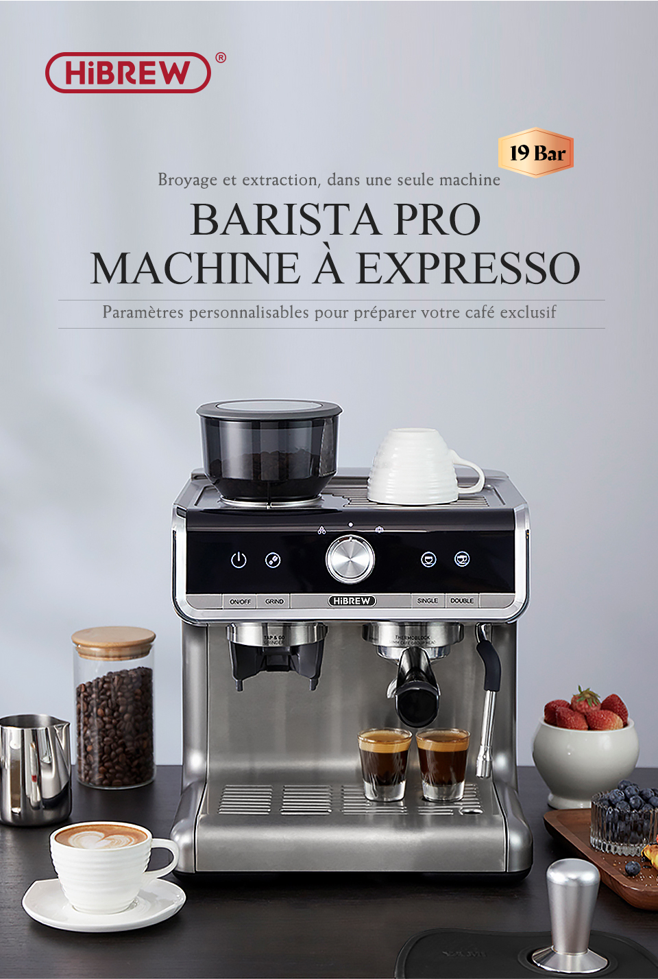HiBREW – Barista Pro 19bar à expresso, Machine à café de niveau Commercial avec Kit complet pour café hôtel Restaurant H7