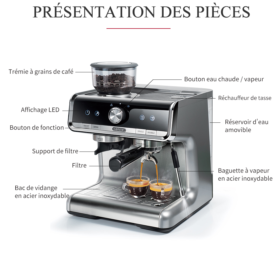 HiBREW – Barista Pro 19bar à expresso, Machine à café de niveau Commercial avec Kit complet pour café hôtel Restaurant H7