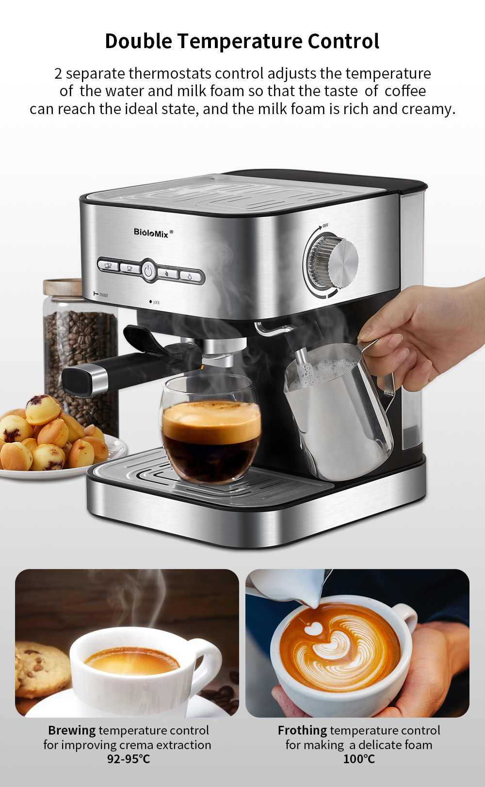BioloMix – Machine à café expresso Semi-automatique, 1050W, 20 bars, avec mousseur à lait, eau chaude et vapeur