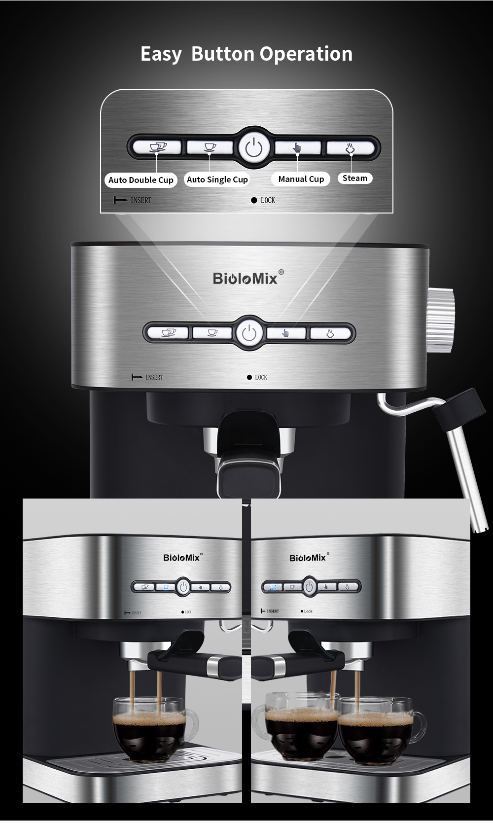 BioloMix – Machine à café expresso Semi-automatique, 1050W, 20 bars, avec mousseur à lait, eau chaude et vapeur