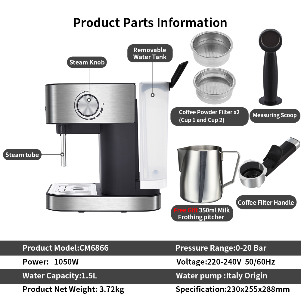 BioloMix – Machine à café expresso Semi-automatique, 1050W, 20 bars, avec mousseur à lait, eau chaude et vapeur