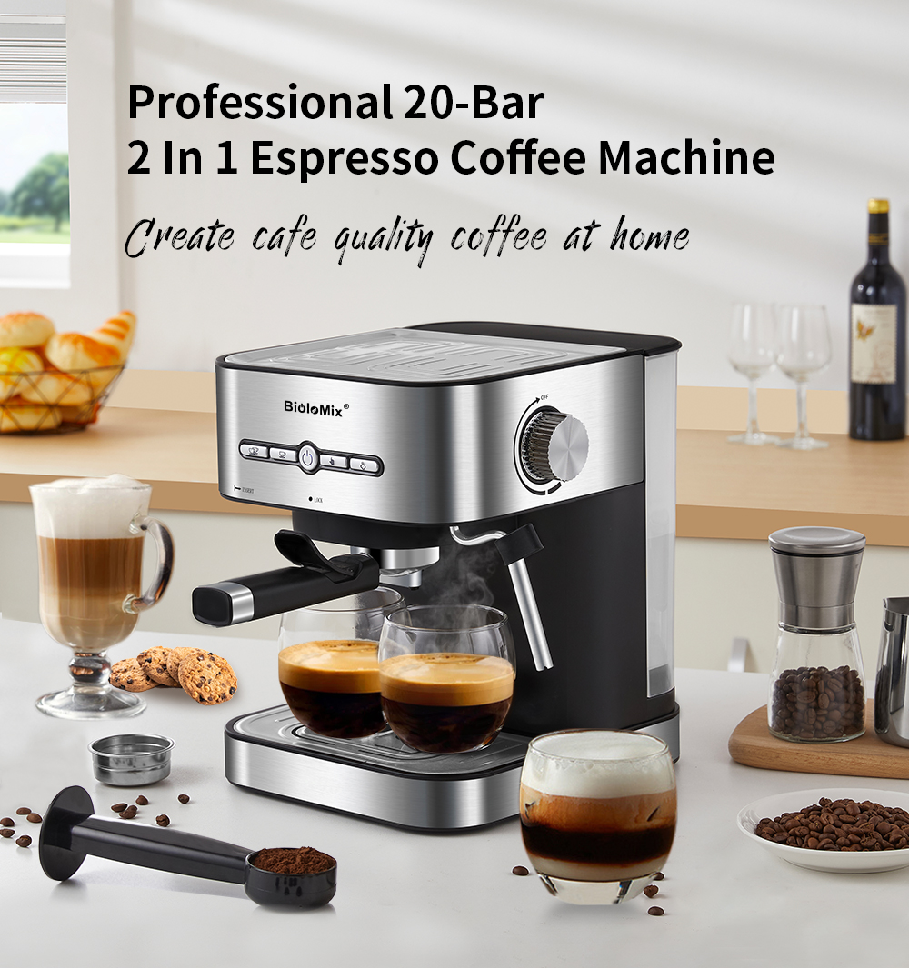 BioloMix – Machine à café expresso Semi-automatique, 1050W, 20 bars, avec mousseur à lait, eau chaude et vapeur