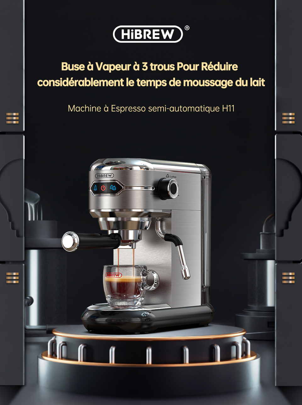 HiBREW – cafetière en Inox, 19 bars, Semi-automatique, Super mince, expresso en poudre, eau chaude H11