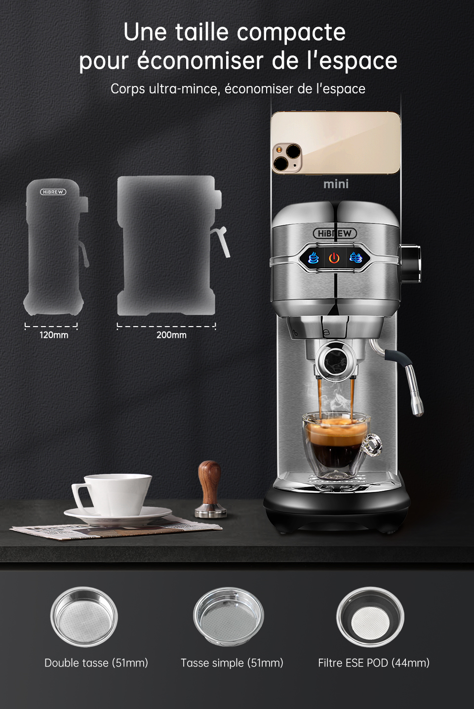 HiBREW – cafetière en Inox, 19 bars, Semi-automatique, Super mince, expresso en poudre, eau chaude H11