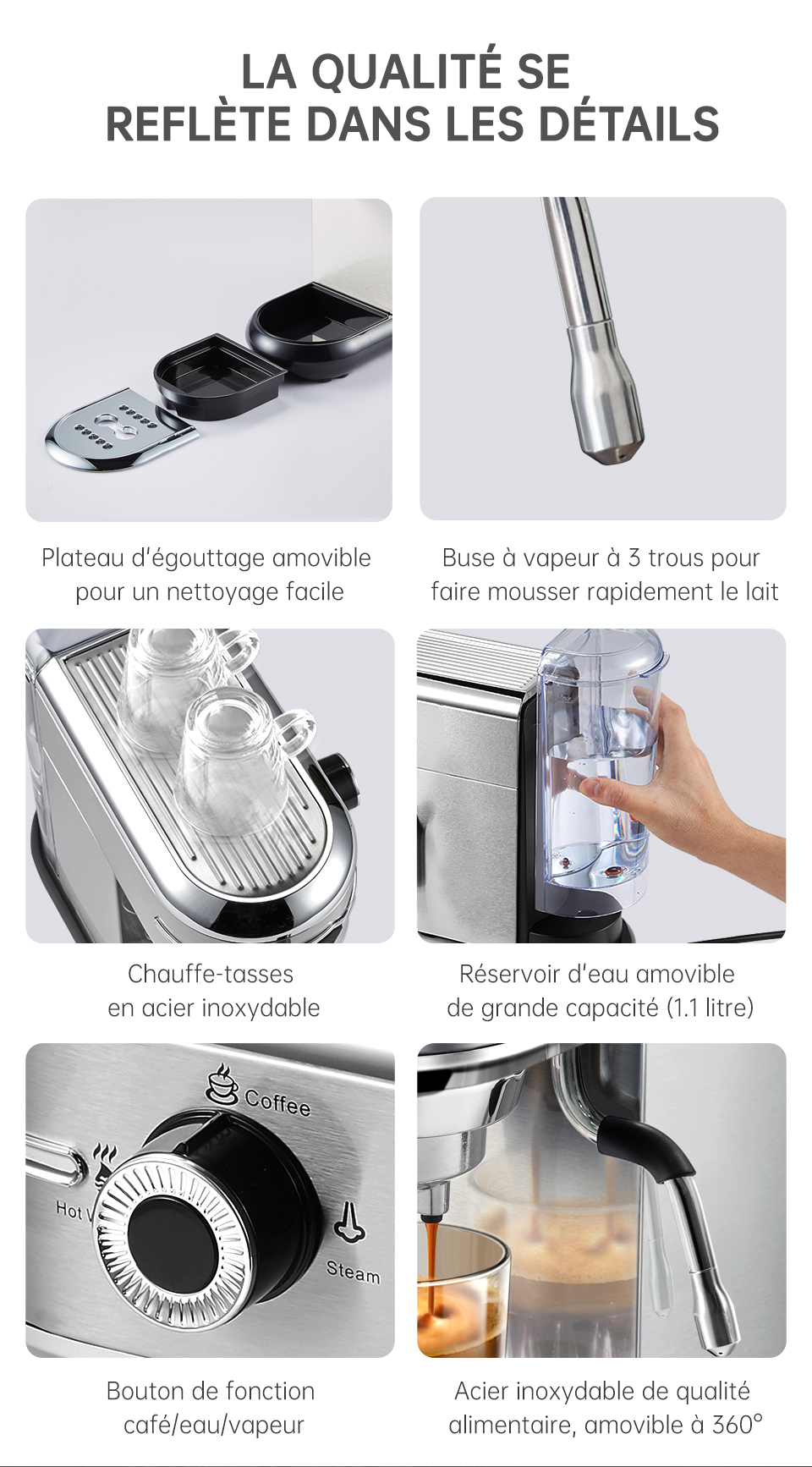 HiBREW – cafetière en Inox, 19 bars, Semi-automatique, Super mince, expresso en poudre, eau chaude H11