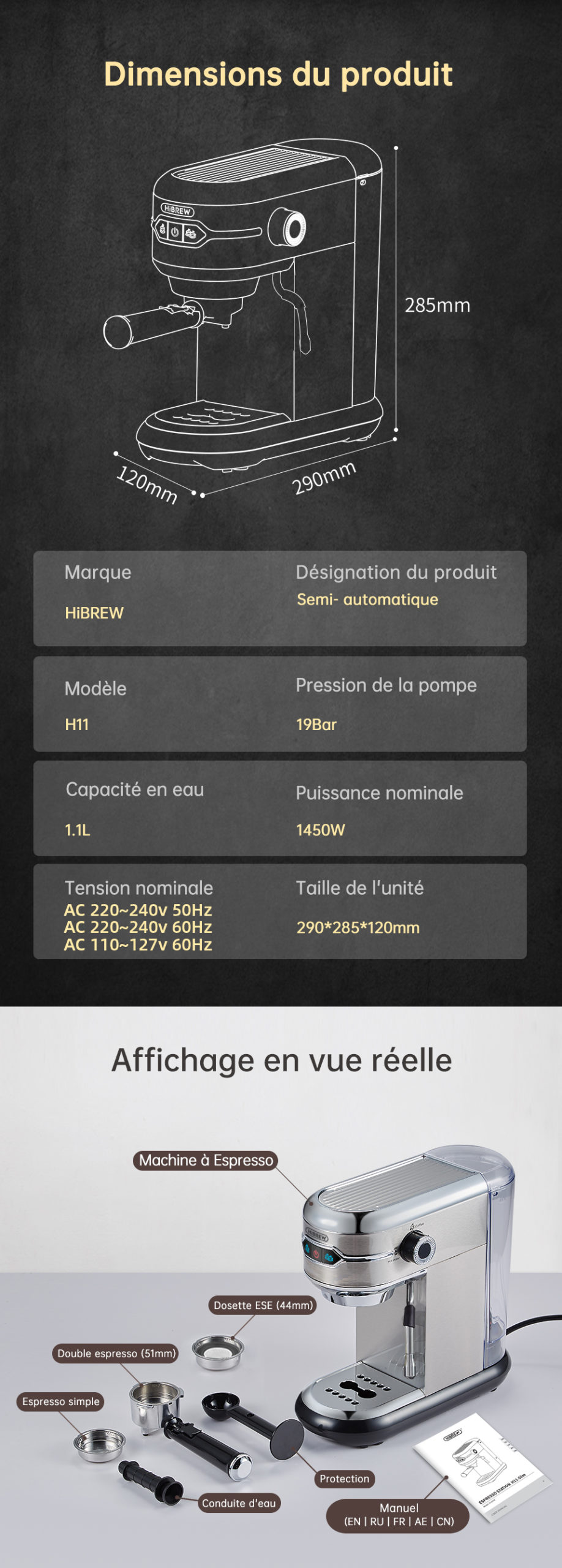 HiBREW – cafetière en Inox, 19 bars, Semi-automatique, Super mince, expresso en poudre, eau chaude H11