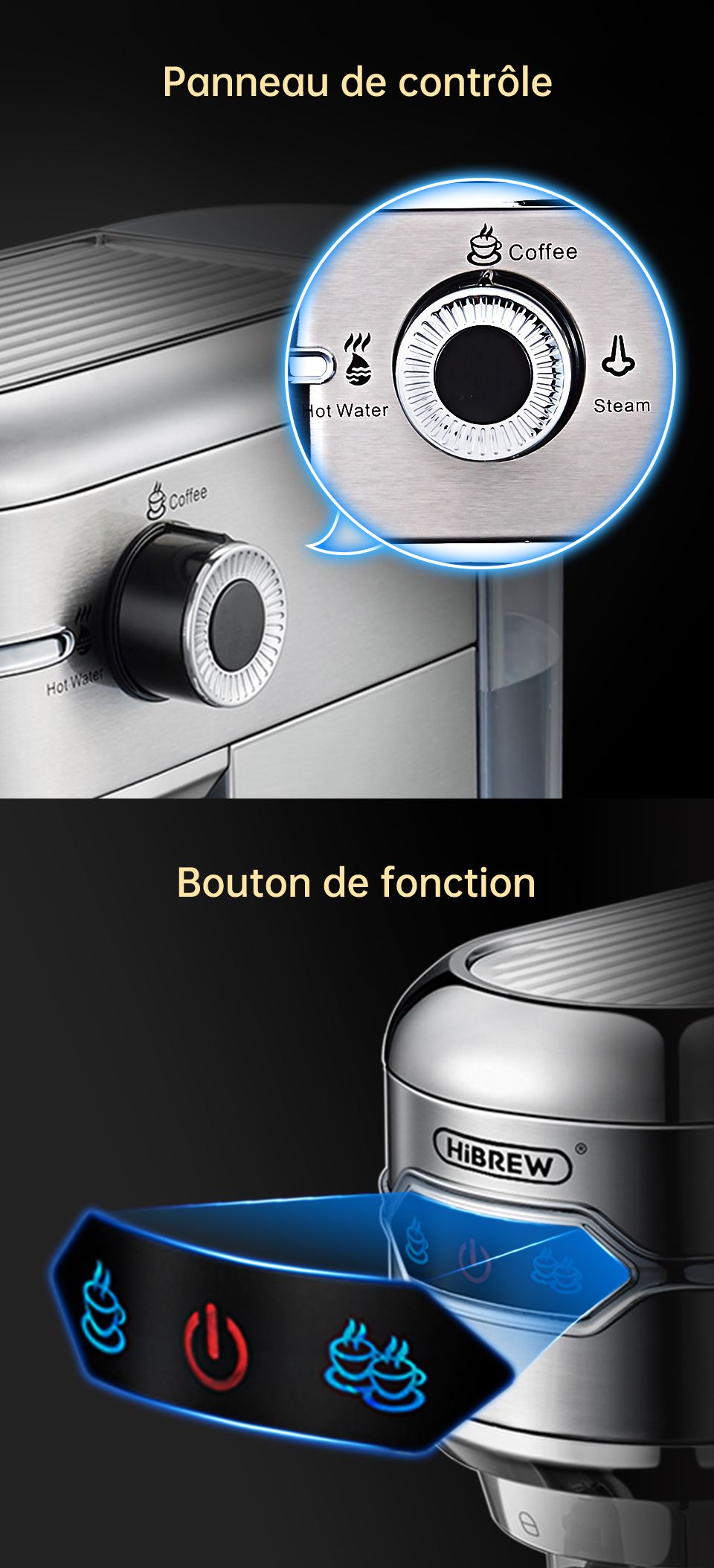 HiBREW – cafetière en Inox, 19 bars, Semi-automatique, Super mince, expresso en poudre, eau chaude H11