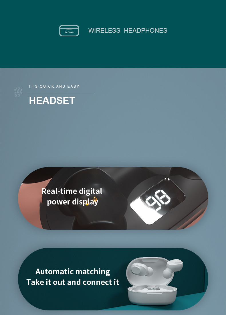 Lenovo Écouteurs sans Fil Bluetooth