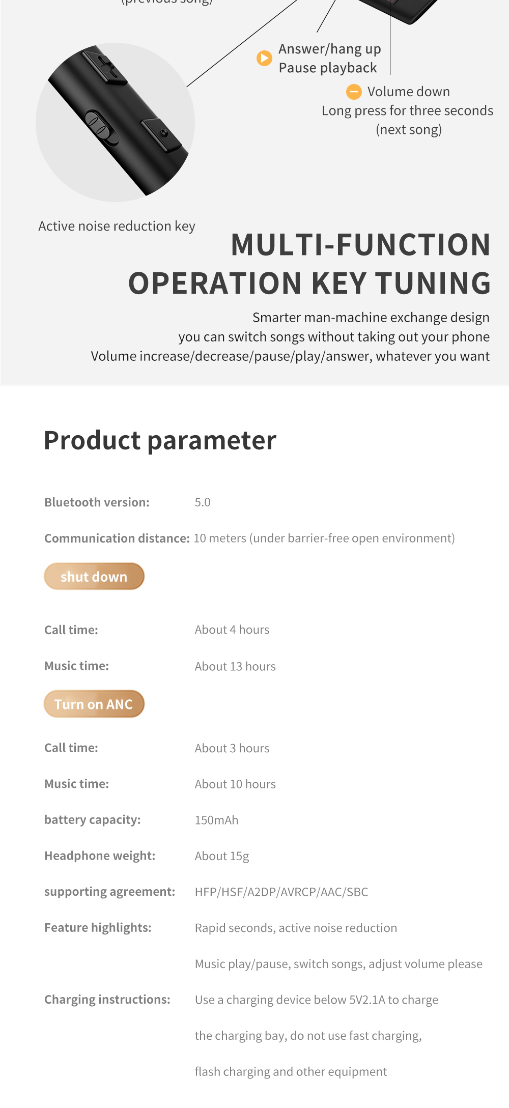 Casque d'écoute intra-auriculaire sans fil Bluetooth 5.0anc, 5V, anti-bruit actif, avec Microphone, Rechargeable, pour sport