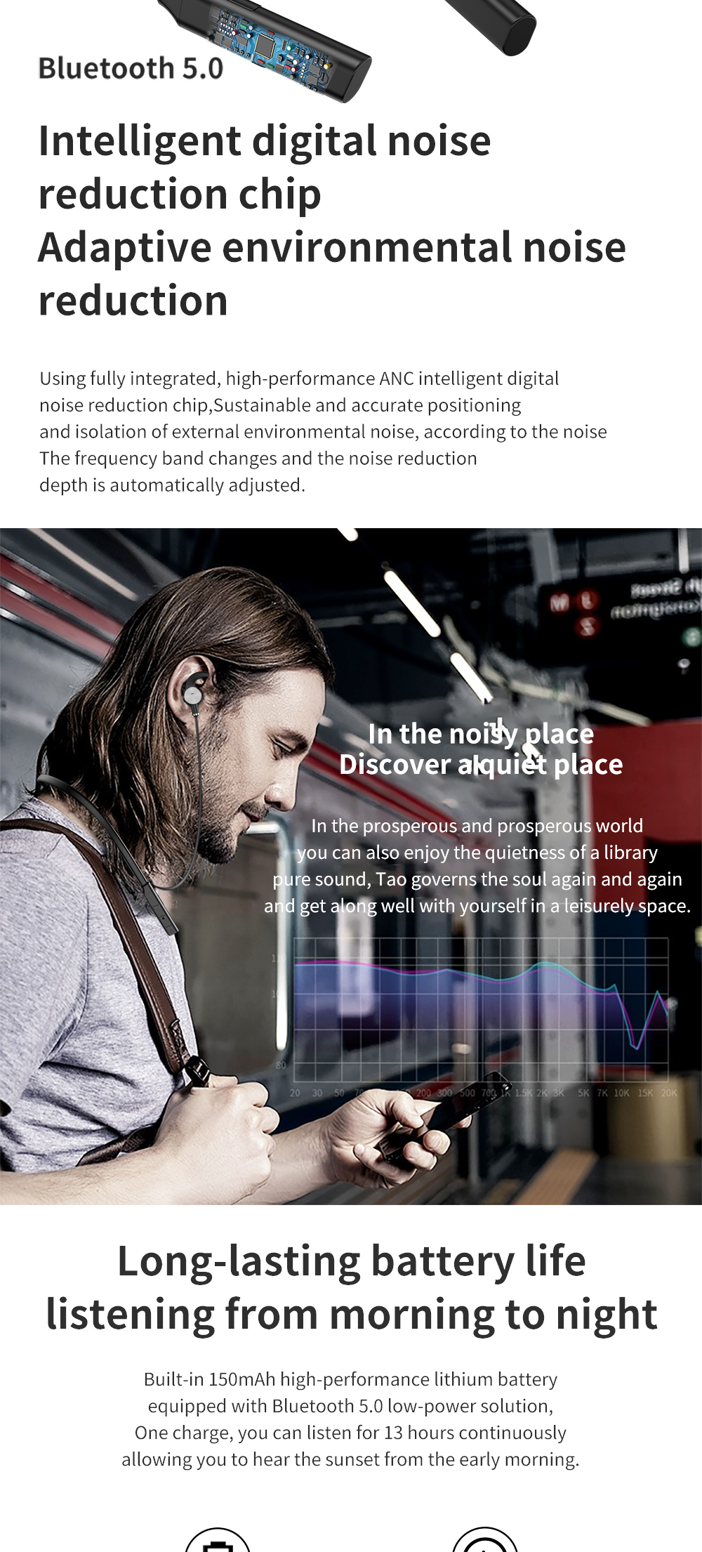 Casque d'écoute intra-auriculaire sans fil Bluetooth 5.0anc, 5V, anti-bruit actif, avec Microphone, Rechargeable, pour sport