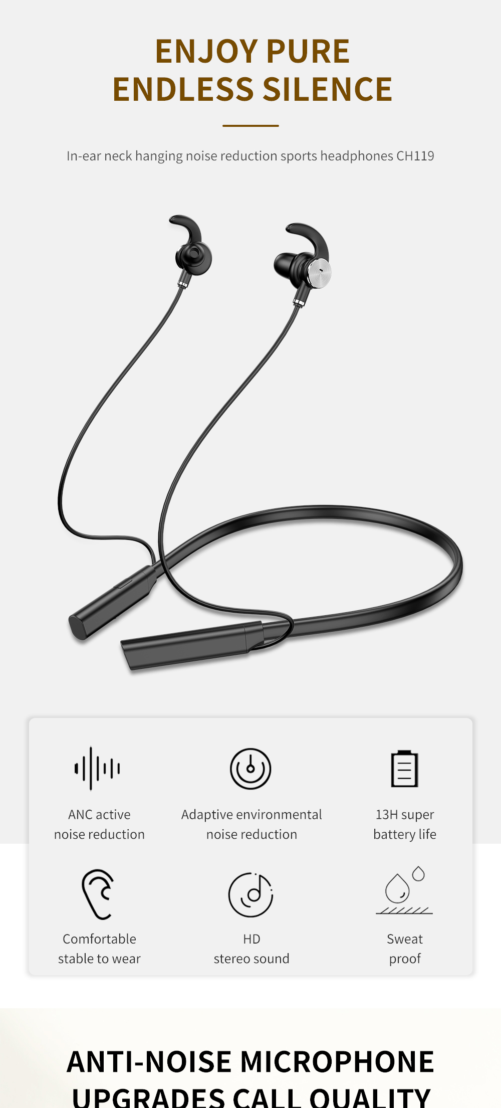 Casque d'écoute intra-auriculaire sans fil Bluetooth 5.0anc, 5V, anti-bruit actif, avec Microphone, Rechargeable, pour sport