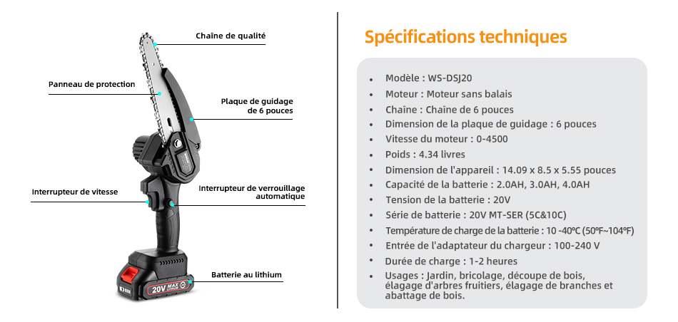 WOSAI – scie à chaîne sans balais de 6 pouces