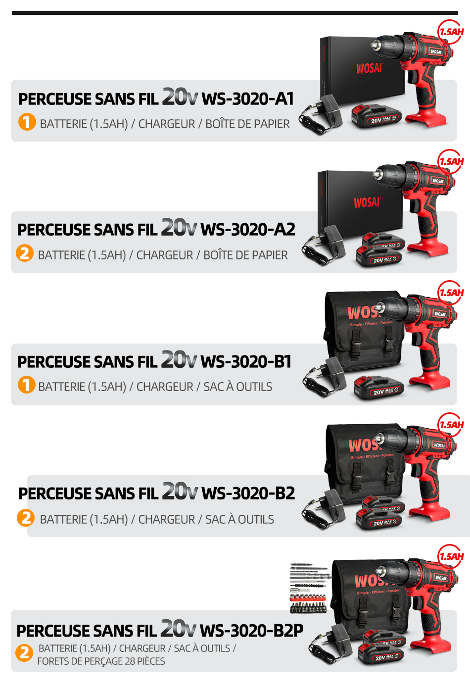 WOSAI perceuse sans fil 12V 16V 20V