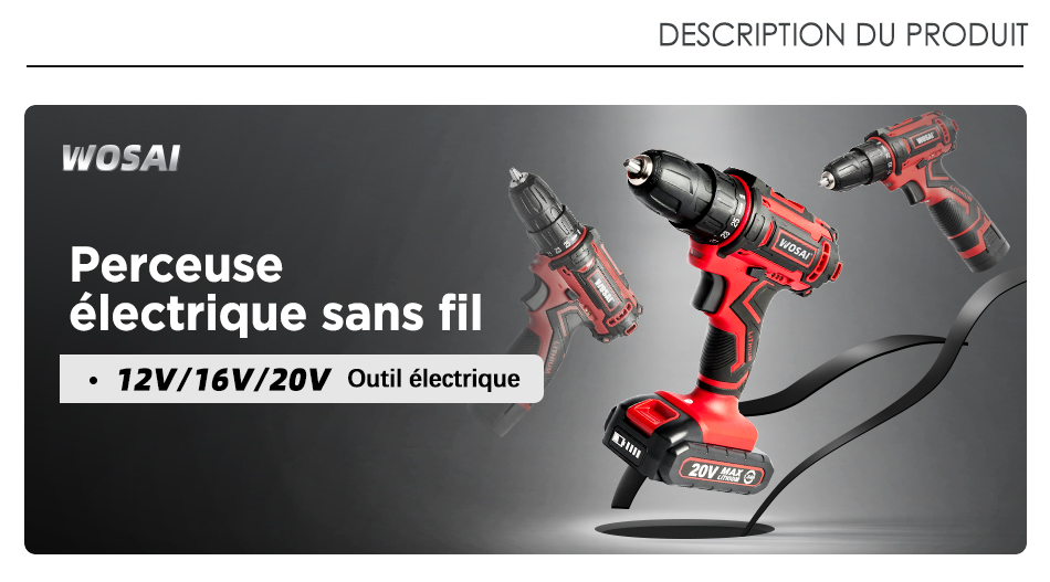 WOSAI perceuse sans fil 12V 16V 20V