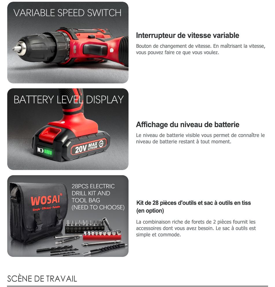 WOSAI perceuse sans fil 12V 16V 20V