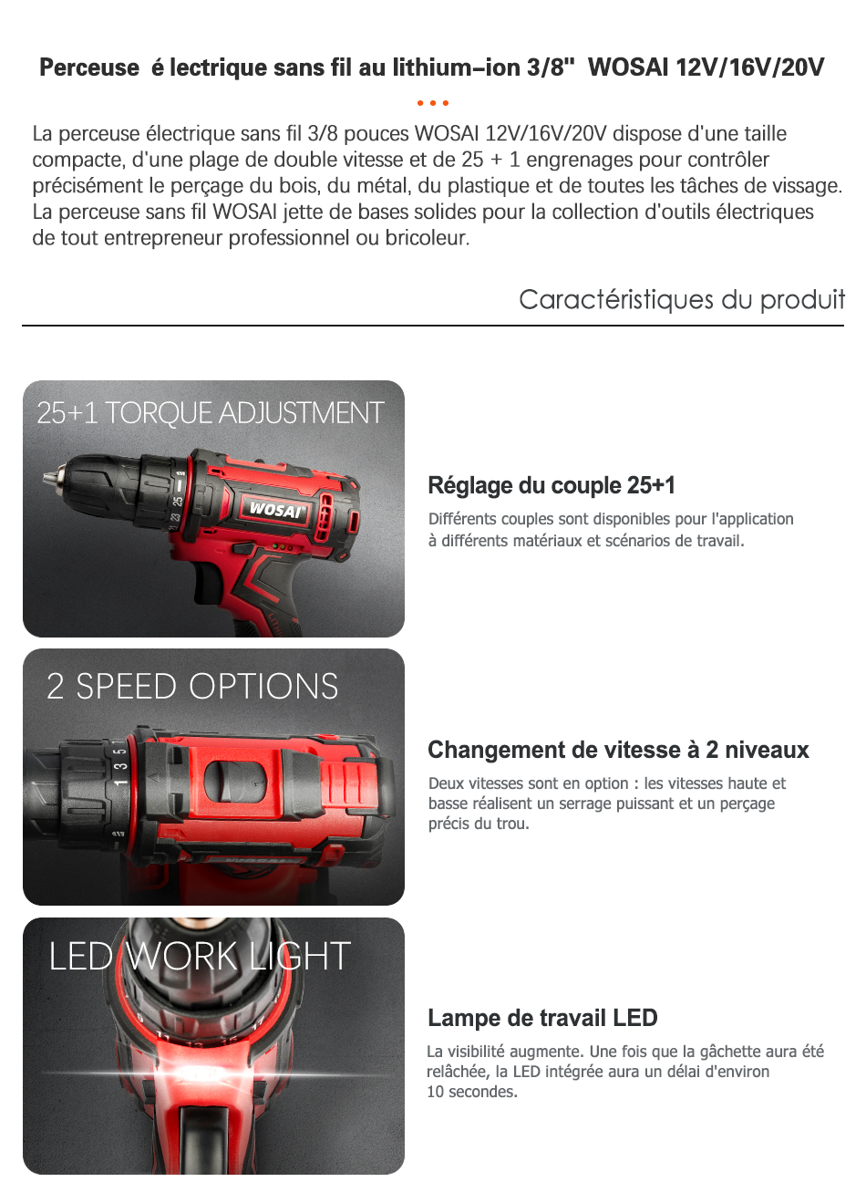 WOSAI perceuse sans fil 12V 16V 20V