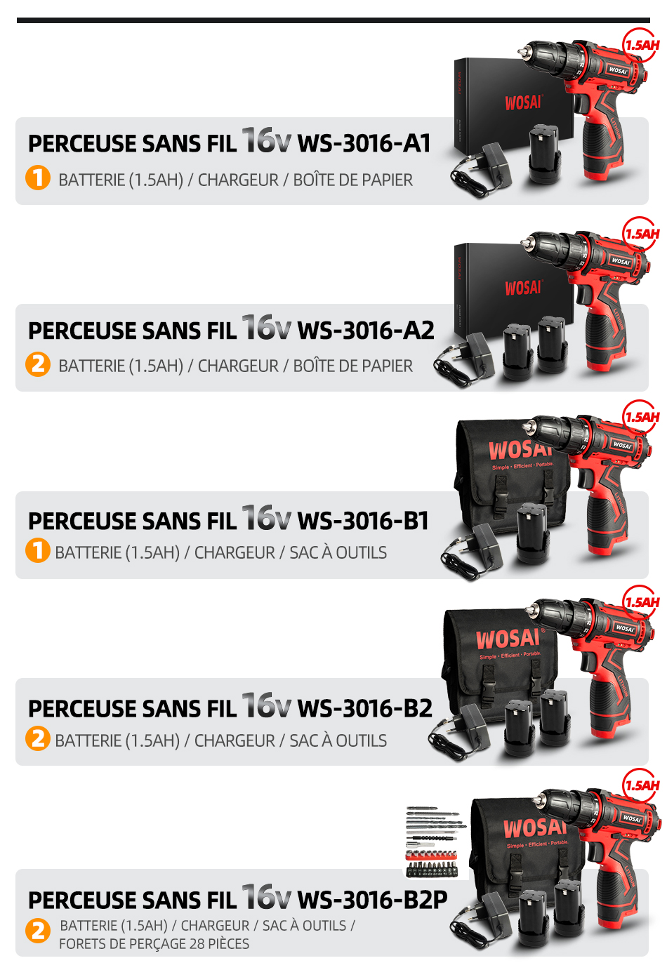 WOSAI perceuse sans fil 12V 16V 20V