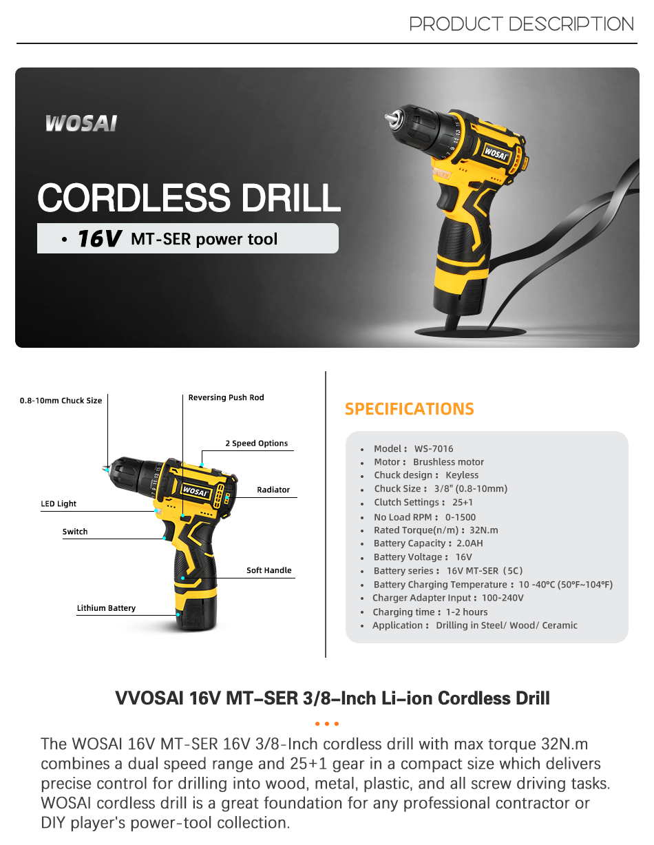 WOSAI perceuse sans fil 16V